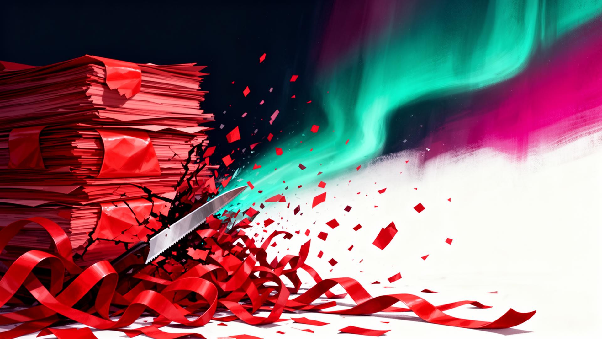 A blade of aurora light shredding through stacks of red bureaucratic tape